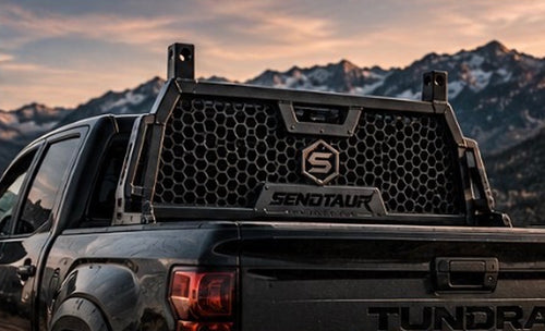 Sendtaur S1 hand-welded headache rack with hex mesh on a black pickup truck